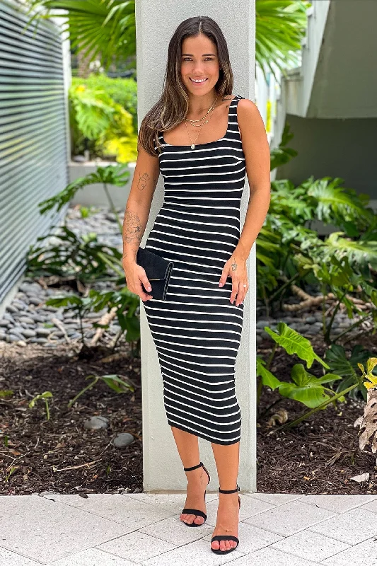 Black And White Striped Midi Dress