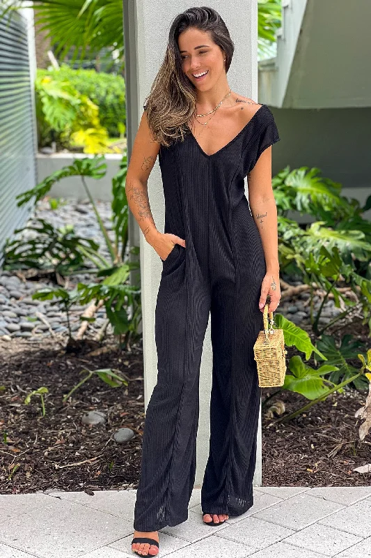 Black Short Sleeves Jumpsuit With Pockets