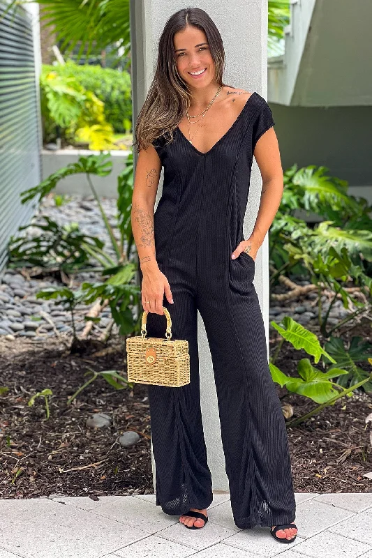 Black Short Sleeves Jumpsuit With Pockets