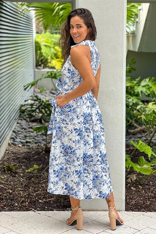 Blue Printed Button Down Dress With Slit