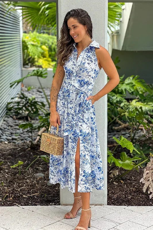 Blue Printed Button Down Dress With Slit