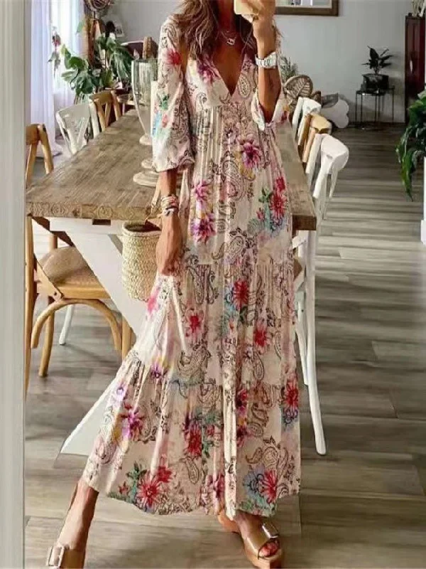 Dresses Bohemian Print 3/4 Sleeve Chiffon Dress for Women