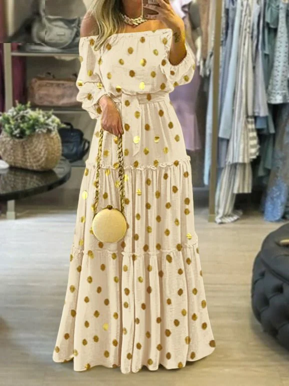 Dresses One-Shoulder Bronzed Polka Dot Puff Sleeve Dress for Women