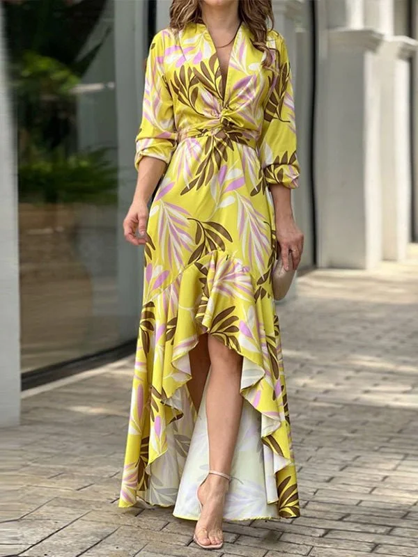 Dresses Printed V-Neck High Waist Ruffle Dress for Women