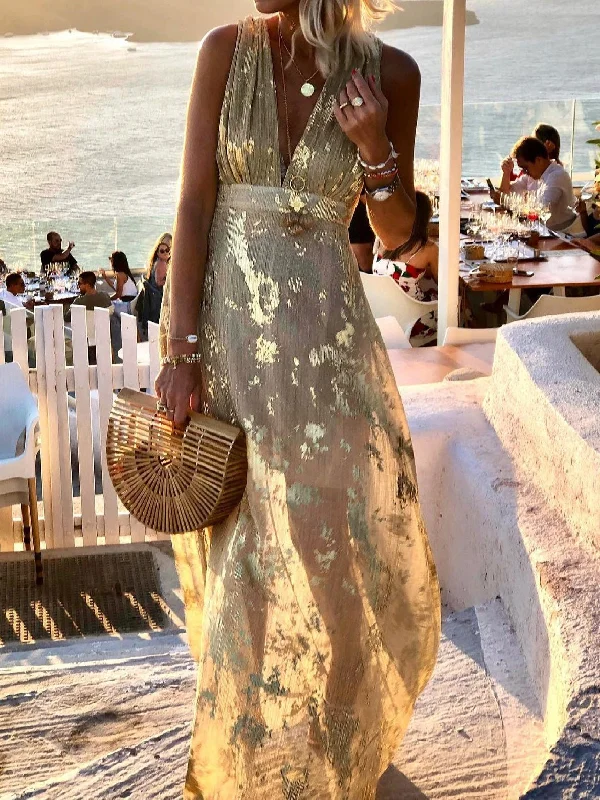 Dresses V-Neck Print Hot Stamping Maxi Dress for Women