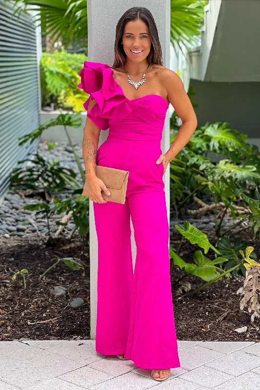 Fuchsia One Shoulder Ruffle Jumpsuit