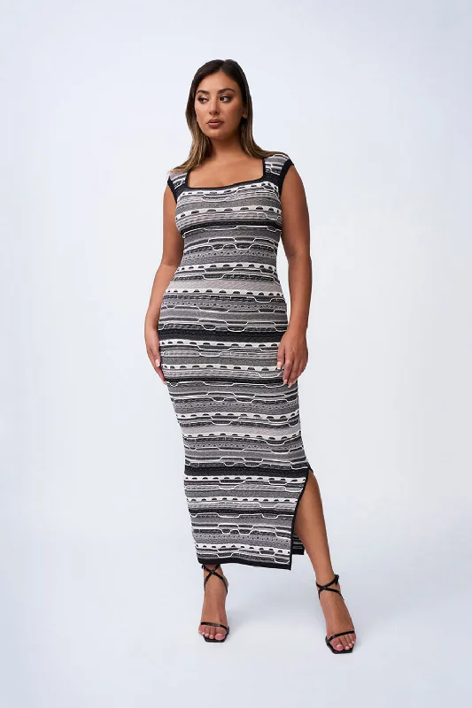 Monochrome Stitch Knit Dress - Black Grey Ivy