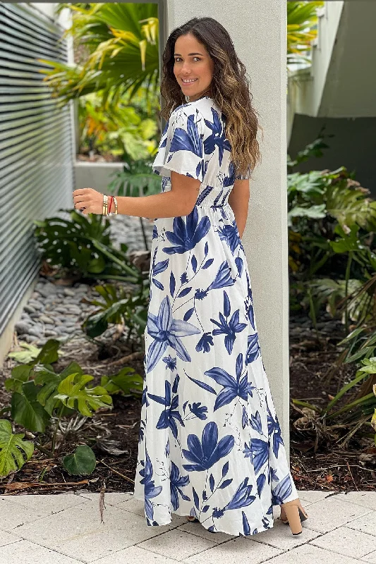 Off White And Blue Floral Maxi Dress With Slit