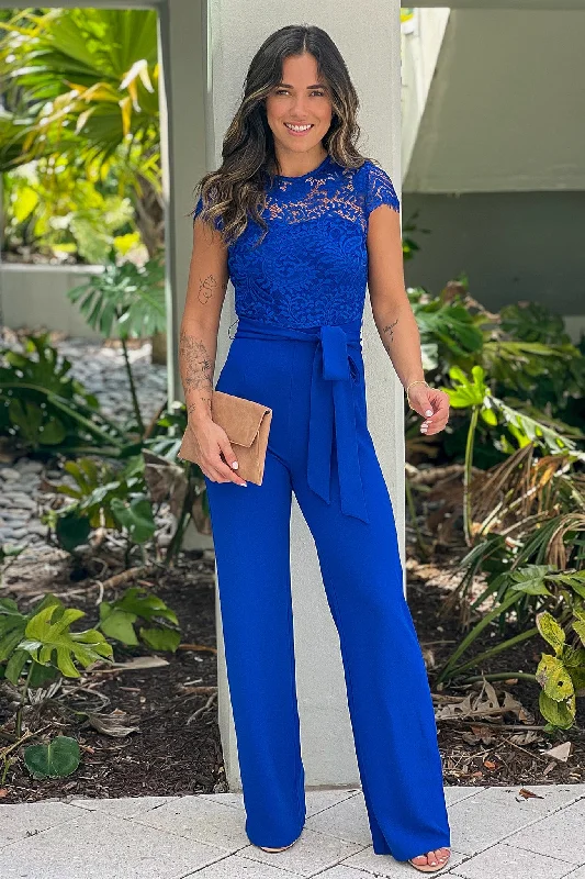 Royal Blue Lace Top Jumpsuit With Belt