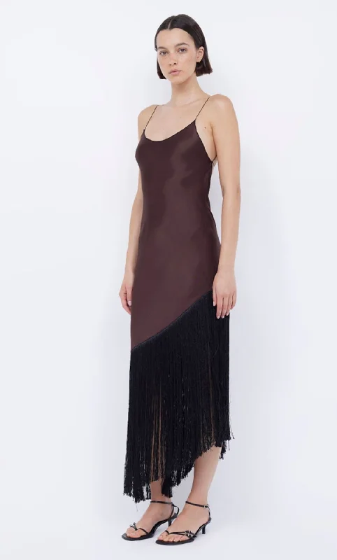 Sashay Asym Fringe Dress - Choc/ Black