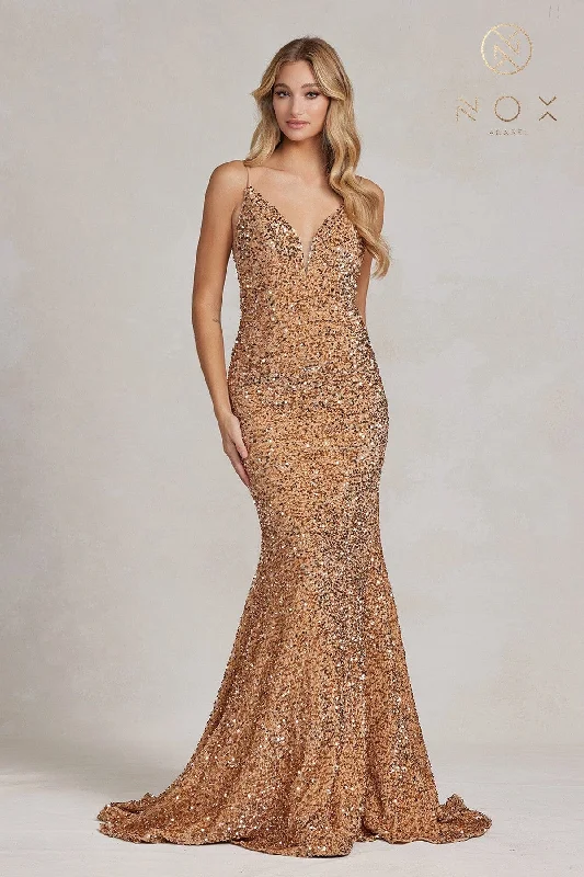 Sequin V-Neck Mermaid Gown by Nox Anabel R1071