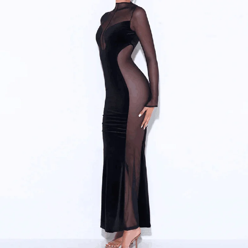 Sexy Mesh Panel Sheer Long Sleeve Mermaid Maxi Velvet Dress - Black