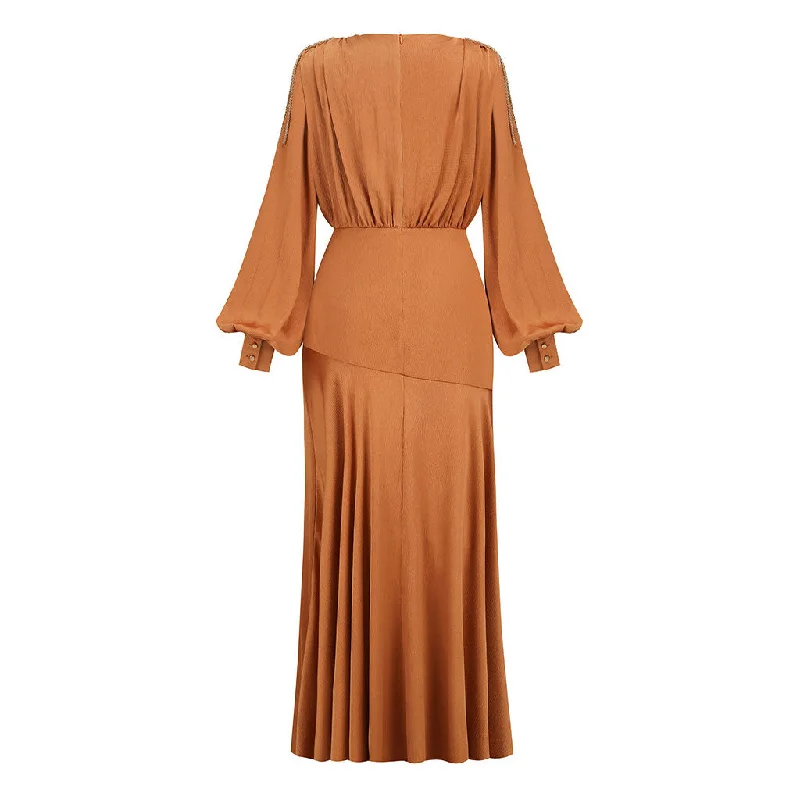 Snake Belted Fringe Bishop Sleeve Plunge Neck High Split Maxi Evening Dress