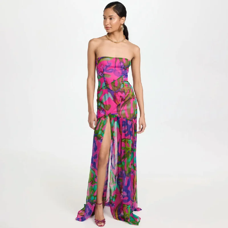 Tropical Leaf Print Drop Waist Split Thigh Sheer Ruffle Strapless Maxi Evening Dress