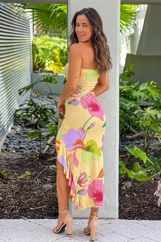 Yellow Floral Mesh Ruffle Slit Midi Dress