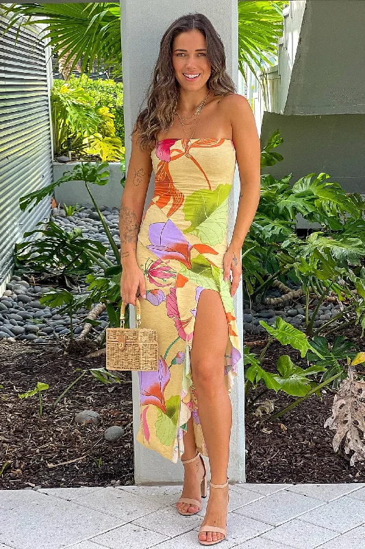 Yellow Floral Mesh Ruffle Slit Midi Dress