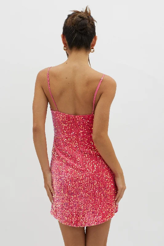 Atlanta Square Neckline Sequin Dress Pink