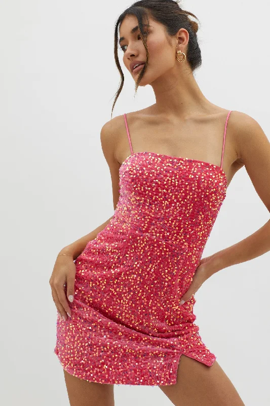 Atlanta Square Neckline Sequin Dress Pink