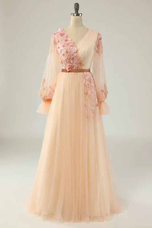 Elegant A Line V Neck Apricot Long Prom Dress with Appliques