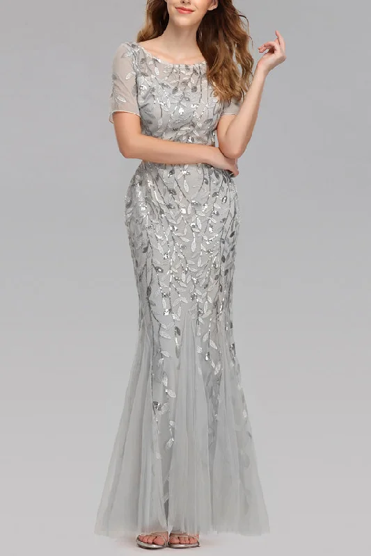 Mermaid Short Sleeves Silver Prom Dress