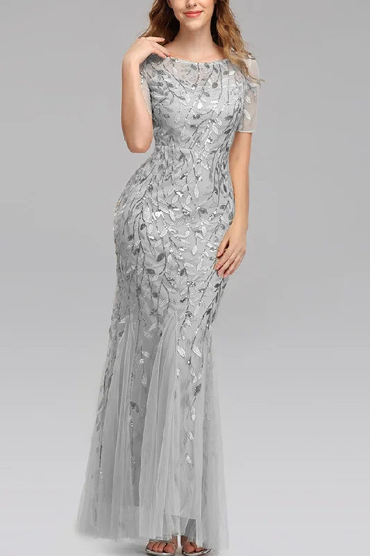 Mermaid Short Sleeves Silver Prom Dress