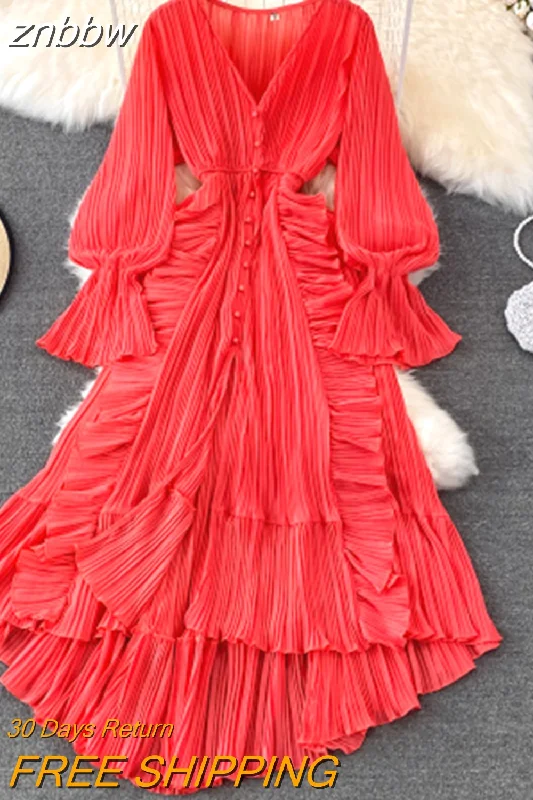 znbbw Autumn New Holiday Style Ankle Length Long Dresses Women Sexy V Neck Puff Sleeve Lace Elegant Evening Party Summer Dress