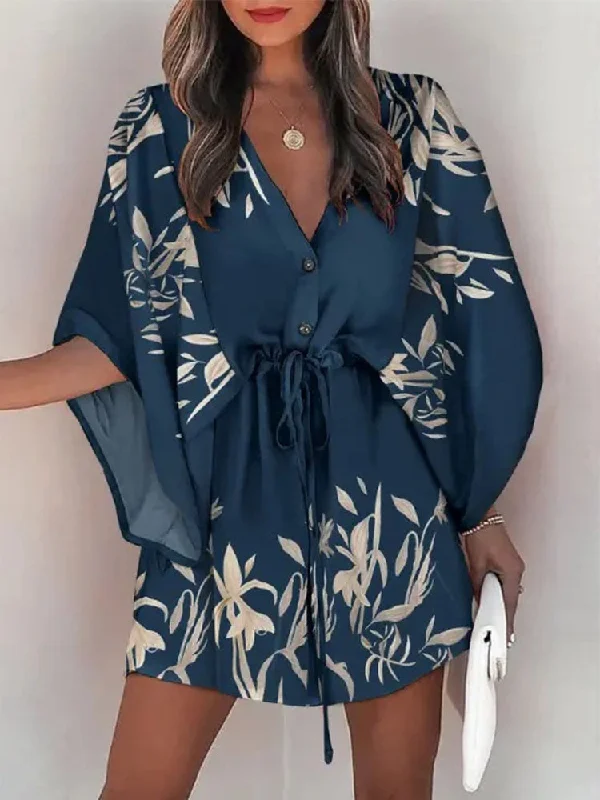 znbbw Boho Button Beach Dresses 2023 New Vintage Batwing Sleeve Drawstring Dress Women Fashion Loose V-Neck Printed Mini Dress