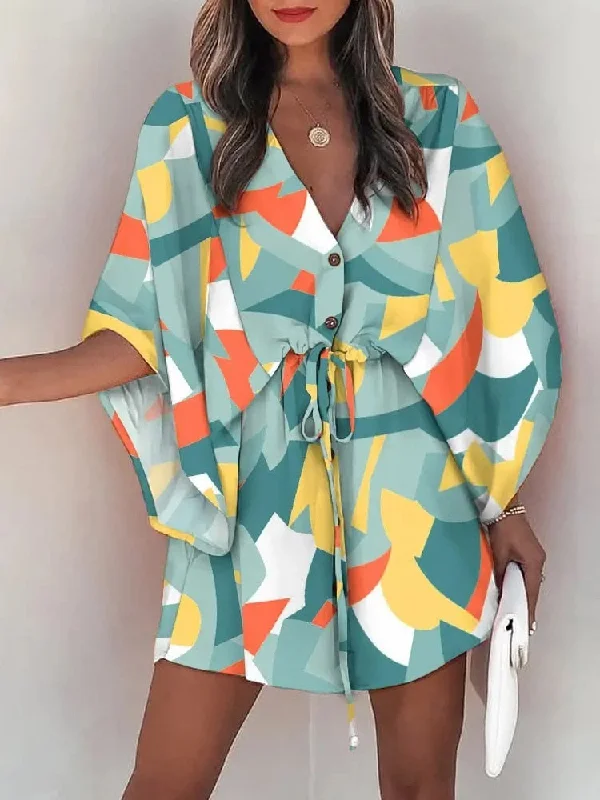 znbbw Boho Button Beach Dresses 2023 New Vintage Batwing Sleeve Drawstring Dress Women Fashion Loose V-Neck Printed Mini Dress