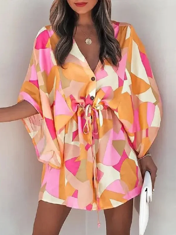 znbbw Boho Button Beach Dresses 2023 New Vintage Batwing Sleeve Drawstring Dress Women Fashion Loose V-Neck Printed Mini Dress