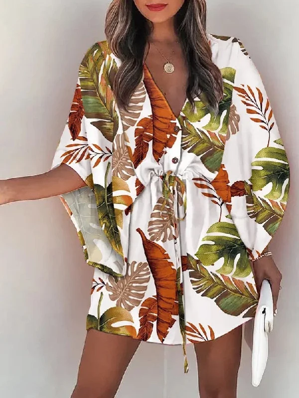 znbbw Boho Button Beach Dresses 2023 New Vintage Batwing Sleeve Drawstring Dress Women Fashion Loose V-Neck Printed Mini Dress