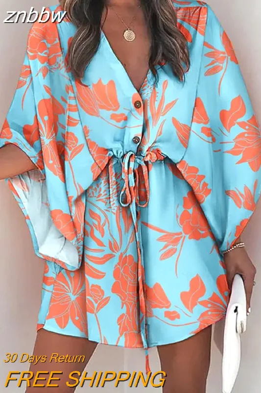 znbbw Boho Button Beach Dresses 2023 New Vintage Batwing Sleeve Drawstring Dress Women Fashion Loose V-Neck Printed Mini Dress