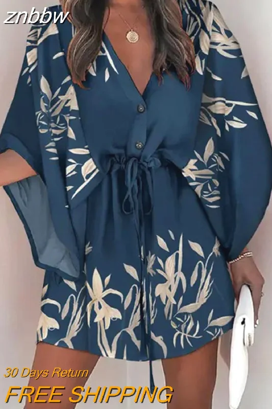 znbbw Boho Button Beach Dresses 2023 New Vintage Batwing Sleeve Drawstring Dress Women Fashion Loose V-Neck Printed Mini Dress