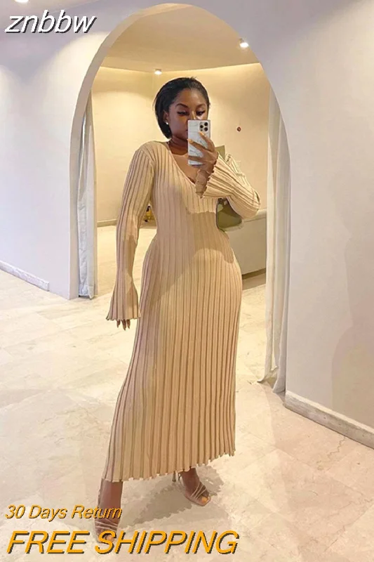 znbbw Casual V-neck Women Knitted Maxi Dress Autumn Elegant Ribbed Long Sleeve Bodycon Dress Ladies Fashion Streetwear Dresses