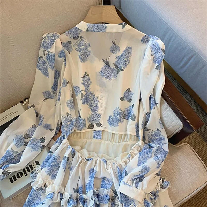 znbbw Dress Sexy Hollow Out Backless Single-breasted Floral Dress Vestido Feminino V-neck Puff Sleeve Ruffles Sweet bohemia Robe