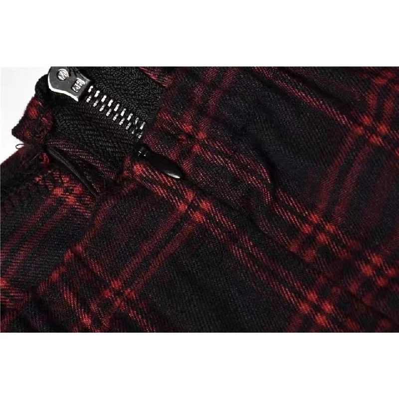 znbbw Girls Red Plaid Pleated Emo Alt Dress Y2K Zip Up Robe Femme Punk Black Spaghetti Strap Mini Short Jurken Goth Streetwear