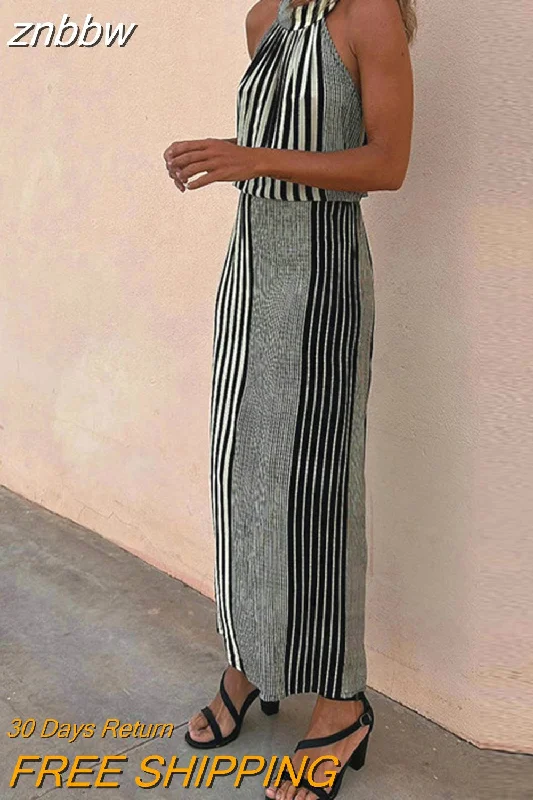 znbbw Holiday Beach Party Dress Mujer Fashion Slimming Striped Print Halter Boho Dress Summer Women Sleeveless Waisted Maxi Dress