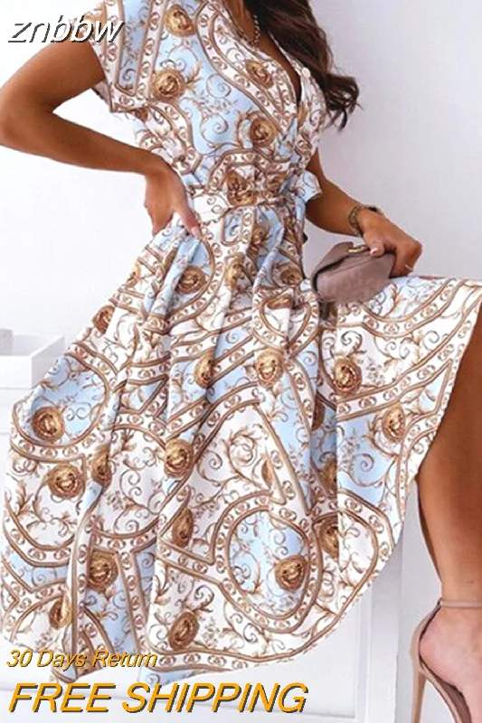 znbbw Ladies Lace-Up Short Sleeve Shirt Beach Dress Women Elegant Midi Party Dress 2023 Summer V-Neck Print Sundress Cover-Ups