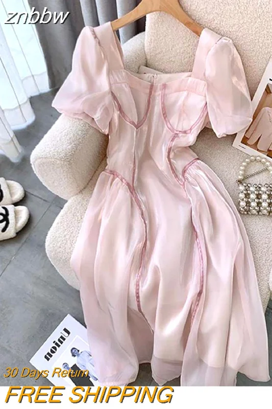 znbbw Pink New French Vintage Court Style Ladies Dresses Summer Square Neck Texture High-end Temperament Large Swing Dress Female