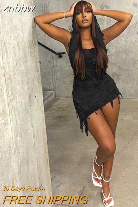 znbbw Summer Sexy Ripped Mini Dresses Club Outfit For Women 2023 Solid Backless Hooded Party Short Dress Female Black Dress