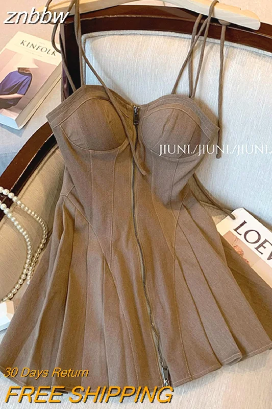 znbbw Vintage Dress Zipper Dress Summer 2023 Chocolate Camisole Sexy Skinny Elegant Chic Female A-line Casual Lady Dress