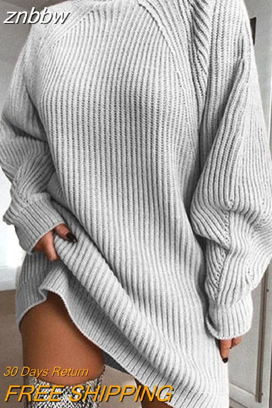 znbbw Women Turtleneck Oversized Knitted Dress Autumn Solid Long Sleeve Casual Elegant Mini Sweater Dress Winter Pullover Clothes